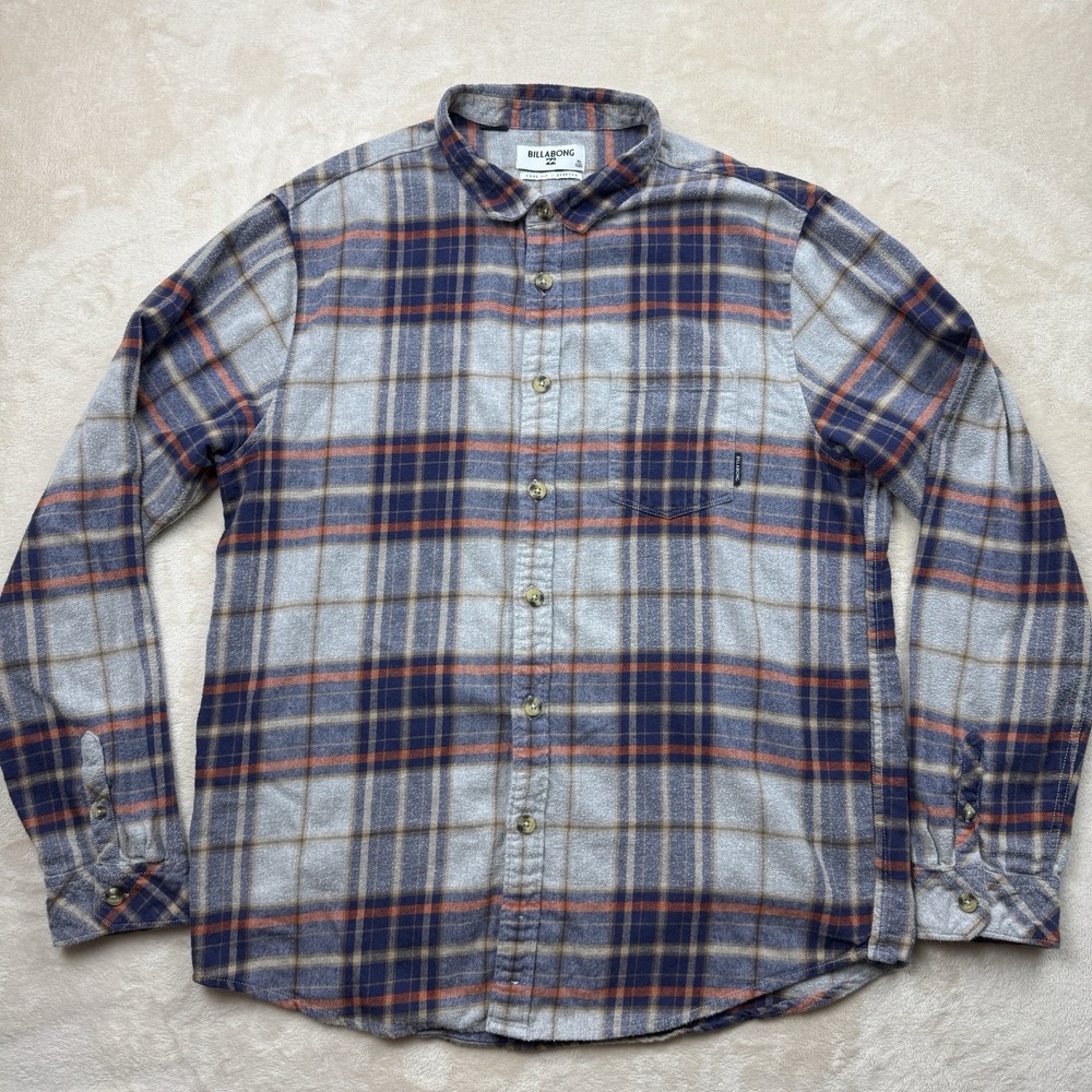 Billabong Coastline Flannel Shirt Mens XL Gray Plaid‎ Stretch Core Fit Button Up